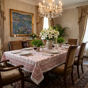 Mantel Rectangular Harmony Peach para 10 Personas, Elegante, Estampado a Mano con Lentejuelas Florales, 100% Algodón Lavable, 180x270 cm - Product Image 1