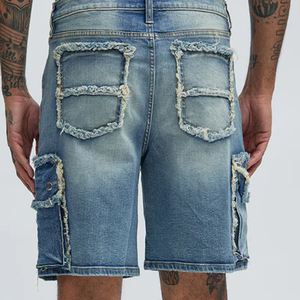 Shorts en jean cargo pour hommes, bleu marine, décontractés / Service OEM pour les acheteurs en gros, couleur unie, prix de gros, logo personnalisé avec fermeture à boutons - Product Image 6