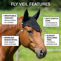 Voile anti-mouches noir en crochet avec détails en sequins argentés, confortable, de haute qualité, avec couvre-oreilles rembourrés doux, bonnet équestre fait main