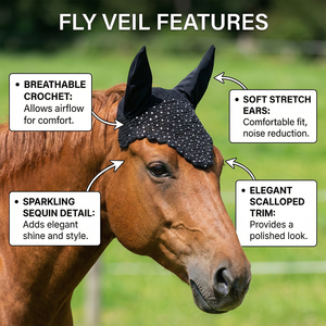 Voile anti-mouches noir en crochet avec détails en sequins argentés, couvre-oreilles confortables de haute qualité, bonnet équestre fait main pour - Product Image 3