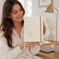 Agenda quotidien personnalisé LABON A5, couverture en PU crème, logo doré, reliure à anneaux rechargeable, bande élastique, carnet à ouverture à plat pour marque privée