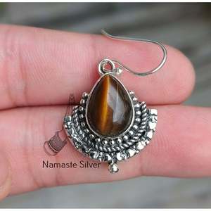 Pendientes Colgantes Hechos a Mano de Plata de Ley 925 con Piedra Natural de Ojo de Tigre en Forma de Gota de Agua, Estilo Boho, Regalo de Aniversario o Navidad - Product Image 4