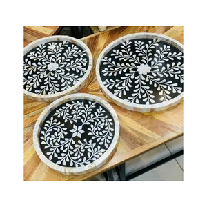 Plateau en os incrusté noir et blanc avec base en MDF en résine pour la cuisine, décoration de luxe pour la maison et vaisselle, plateau de service en os incrusté naturel - Product Image 2