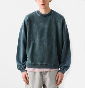 Men's Oversized <b>Crew</b> <b>Neck</b> <b>Sweatshirt</b> Solid Color Washed 100% Cotton Fleece Eco-Friendly Casual Pullover Winter Fit - Product Image 1