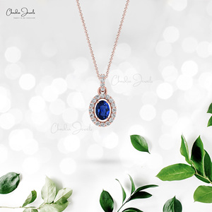 Saphir bleu 0.75ct septembre pierre de naissance Halo pendentif 14k or blanc diamant breloque bijoux fournisseur en gros pour les belles marques - Product Image 3