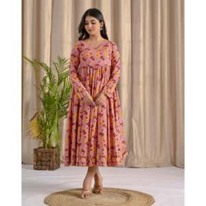 Vestido Largo Angrakha Rosa con Estampado Jaal, Elegante, Cintura Imperio, Impresión Digital, 100% Algodón, Largo hasta el Suelo, Talla XL, para el Día - Product Image 3