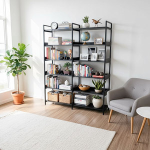 Étagère à 6 niveaux moderne en bois de caoutchouc et en fer 140x34x180cm KS68244 Convient au salon et au bureau - Product Image 2