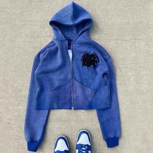 เสื้อฮู้ดดี้สไตล์วินเทจผ้าเฟรนช์เทอร์รี่ซิป ย้อมสีเอซิด แต่งลายปักแบบดิสเทรส ปะติด แอพพลิเค่ ทรงครอป ผ้าฝ้าย 100% สำหรับฤดูใบไม้ผลิ ผลิตตามสั่ง - Product Image 5