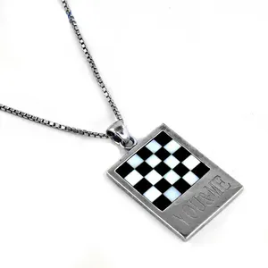 925 Silver Checkered Pendant Necklace Rhodium Geometric Box Women's Jewelry Gift Featuring Diamond Zircon Trendy Rose Gold - Product Image 2
