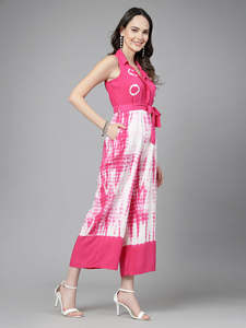 สีชมพูและสีขาวมัดย้อม Culotte Jumpsuits เสื้อคอแขนกุดเอว Tie-ups ตะขอปิดเทศกาลผลิตภัณฑ์จํานวนมากชุดทําด้วยมือ - Product Image 3