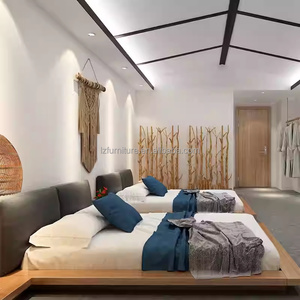 Custom Modern 3 Star Hotel Project Bedroom Furniture Twin Bed Set with Low-Profile Wood Frame Integrated Nightstands & TV <b>Unit</b> - Product Image 2