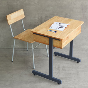 Comfortable Single Student Desk and Chair Set with Bookshelf Rubber Wood Frame Iron Legs-BGHS004 School <b>Table</b> for Malls - Product Image 4