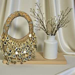 Beaded <b>Clutch</b> Evening Bag with Mirror Work Fringe Handmade Elegant Party Purse Cross-Body Strap Satin Lining Light Weight - Product Image 6