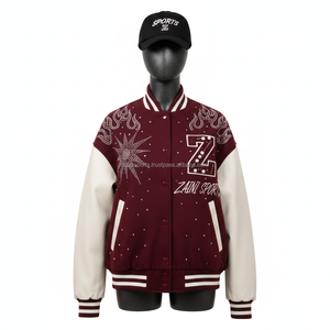 Chaqueta Universitaria para Mujer, Tela de Lana de 400 GSM, Color Granate con Mangas Blancas, Logotipo Bordado Personalizado, Pedrería - Product Image 1