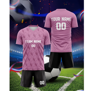 High Quality Customized <b>Football</b> Jersey <b>Tops</b> Automated Cutting Soccer Jersey V Neck, Geometric Pattern in <b>Pink</b> 100% Polyester - Product Image 1