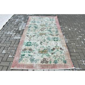 Turkish Vintage Rug, 4.1x7.7 ft Area Rug, Green <b>Brown</b> Solid <b>Wool</b> Rug - Product Image 1