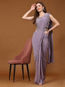 El último Sari de secuencia de bordado de seda satinada de diseñador listo para usar de Fab Zone - Product Image 5