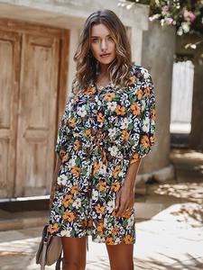 Summer Sale Floral Printed Lace Button Elegant Midi Casual <b>Dress</b> Plus Size Women V-neck Drawstring Waist Shirt <b>Dress</b> ODM - Product Image 6