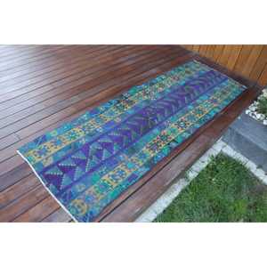 Alfombra Vintage Estilo Runner, Alfombra Turca de 2.1x6.4 pies, Alfombra de Lana con Diseño Floral Azul - Product Image 2