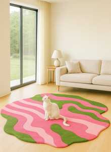 Alfombra Moderna Ondulada Rosa y Verde |   Alfombra de Forma Abstracta para Sala de Estar, Decoración del Hogar Suave y Estética, Alfombra de Piso Adorable y Apta para Mascotas - Product Image 3