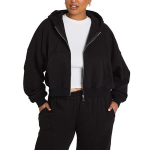 Custom Logo Embroidery Printing for Women Wholesale Eco-Friendly Hooded Heavyweight Thick <b>Fleece</b> Solid <b>Black</b> Winter Streetwear - Product Image 1