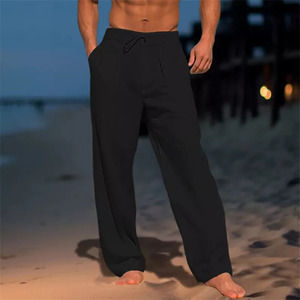 <span class=keywords><strong>Pantaloni</strong></span> larghi da spiaggia Casual da <span class=keywords><strong>uomo</strong></span> <span class=keywords><strong>pantaloni</strong></span> larghi 100% cotone <span class=keywords><strong>lino</strong></span> tinta unita-servizio OEM disponibile - Product Image 4