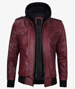 Chaqueta Bomber de Cuero Genuino Color Granate para Hombre, con Capucha Desmontable, Estilo Vintage Personalizado, Chaqueta de Motociclista Desgastada, Corte Ajustado - Product Image 1