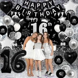 Joyeux <span class=keywords><strong>anniversaire</strong></span> bannière gâteau Topper 16 ballons en aluminium noir et argent 16e <span class=keywords><strong>anniversaire</strong></span> décorations pour garçons filles - Product Image 3
