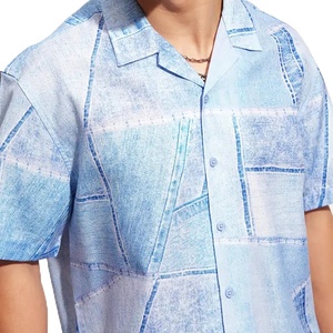 Wholesale Top Quality Light Blue Printed Men's Casual Shirt Short Sleeve Button Up Turn-Down Collar Boxy Fit Summer Weary - Product Image 5