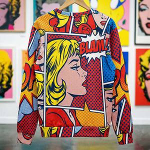 Sweat-shirt d'hiver pour homme inspiré du pop art, imprimé rétro de bandes dessinées, col rond, couleurs primaires vives, 100% coton molletonné - Product Image 2
