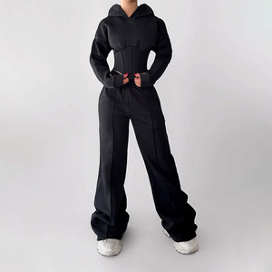 Conjunto personalizado de dos piezas de corte regular para mujer, pantalones de chándal con capucha y patrón sólido, chándal Formal de invierno de talla grande, 100% algodón - Product Image 4