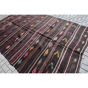 Turkish Vintage Rug, 6.7x10.4 ft Large Rug, <b>Brown</b> Red Bordered <b>Wool</b> Rug - Product Image 4