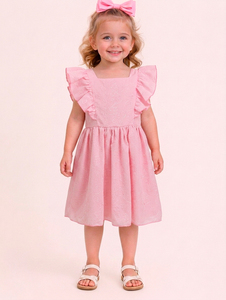 Robe d'été pour filles, col carré uni, sans manches, à volants, ligne A, longueur genou, en lin et coton, mignonne et décontractée - Product Image 3