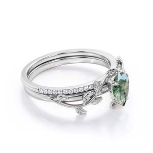 Bague Agate mousse poire et Moissanite en argent sterling 925 Bague agate verte mousse gravée feuille pour femme - Product Image 3