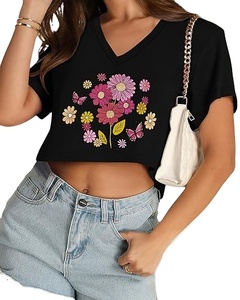 Camisetas Cortas para Mujer, Camisetas Básicas de Verano con Cuello en V - Product Image 1