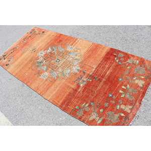 Tapis vintage 3,9x8,6 pieds, tapis turc, tapis à motifs floraux orange et bleu - Product Image 4