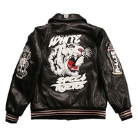 Veste en cuir de mouton véritable de qualité supérieure |   Aviateur brodé à motif tigre de haute qualité |   Veste de sport épaisse noire et blanche pour homme