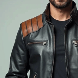 Chaqueta de motorista de talla grande de invierno de cuero negro de estilo retro con rayas de hombro marrones Chaqueta de corredor de motocicleta vintage - Product Image 3