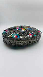 Custom Made Metal Applique Tribal Mosaic Bags Ideal for Resale by Fashion Accessory Stores in Cylinder Shaped <b>Gold</b> Border. - Product Image 2