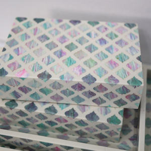 Caja de Almacenamiento de Joyas Decorativa Geométrica Rectangular Hecha a Mano con Incrustaciones de Nácar Blanco y Verde, Material MOP, Incrustaciones de Concha de Madreperla - Product Image 2