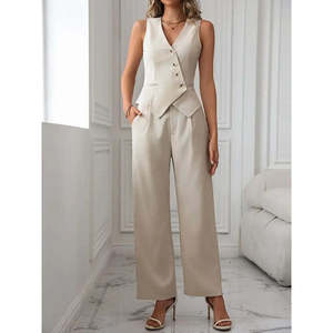 Ensemble deux pièces pour femmes, veste sans manches à col en V croisé et pantalon en satin boutonné sur le devant, 37410 - Beige - Product Image 3