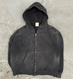 À capuche de qualité sans ficelle polaire vierge zip up vintage double couche lavé soleil fané sweats à capuche en détresse pour hommes - Product Image 4