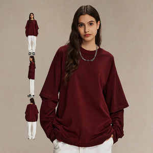 Streetwear personnalisé sérigraphie lavé usé à manches longues double couche T-shirt hommes semblables deux pièces Hip Hop T-shirt pour hommes - Product Image 3