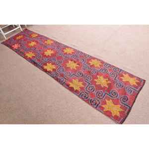 Turkish Rug, <b>Runner</b> 2.5x10.1 ft Vintage Rug, <b>Red</b> Bordered Wool Rug - Product Image 3