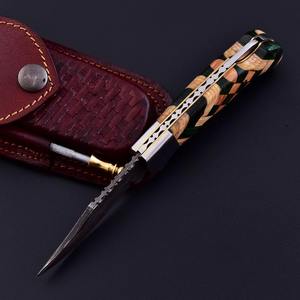 มีดพับดามัสกัสทองแดงแบบทำเองอย่างหรูหรา ด้ามไม้ ODM ปรับแต่งได้ ใบมีดตรงอเนกประสงค์ ของขวัญวันครบรอบสำหรับเพื่อนเจ้าบ่าว - Product Image 3