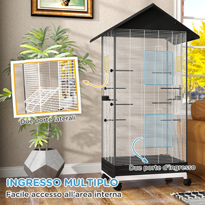 PawHut Cage à oiseaux avec roues et plateau amovible, volière de 155cm de haut avec perchoirs et mangeoires, noir - Product Image 6