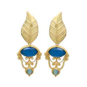 Nueva llegada largo chapado en oro hermoso diseño de hoja larga lapislázuli pendientes de piedras preciosas pendientes colgantes - Product Image 1