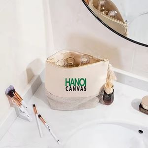 Bolsa de lona ecológica con cremallera para mujer, estuche de maquillaje con patrón liso de estilo a la moda, bolsa de cosméticos - Product Image 4