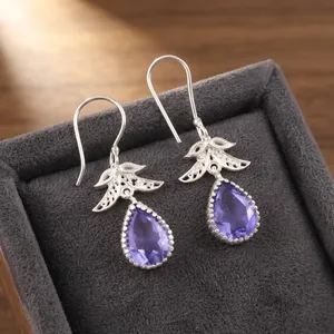 925 <b>Sterling</b> <b>Silver</b> Bohemian Drop <b>Earrings</b> Geometric Pattern Purple Iolite Bezel <b>Set</b> Handmade Dangle <b>Earrings</b> - Product Image 3