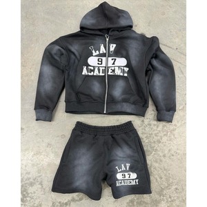 Sudadera con capucha de primavera unisex y conjuntos cortos personalizados en blanco de gran tamaño lavado con ácido pantalones cortos conjunto de algodón con cremallera para hombre y Jogger conjunto de hombres - Product Image 1